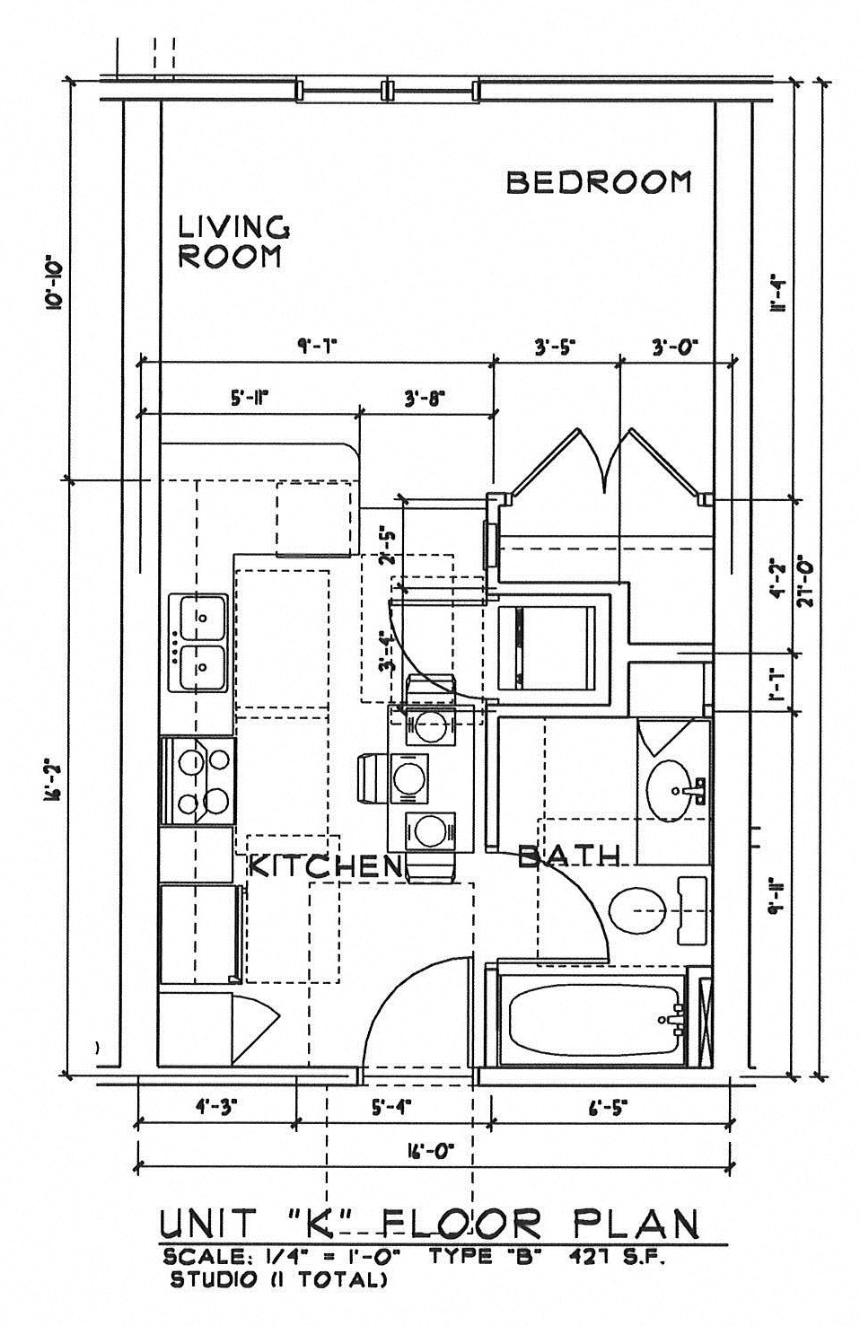 Floor plan for studio, 1 bath, 427 sqft